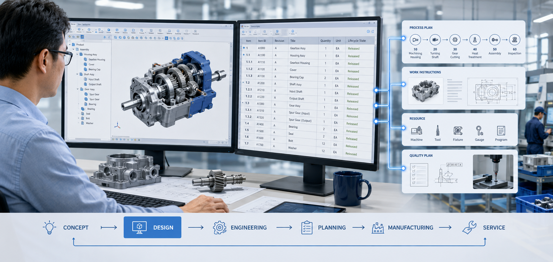 CAD、BOM、工程情報が連携するPLMのイメージ