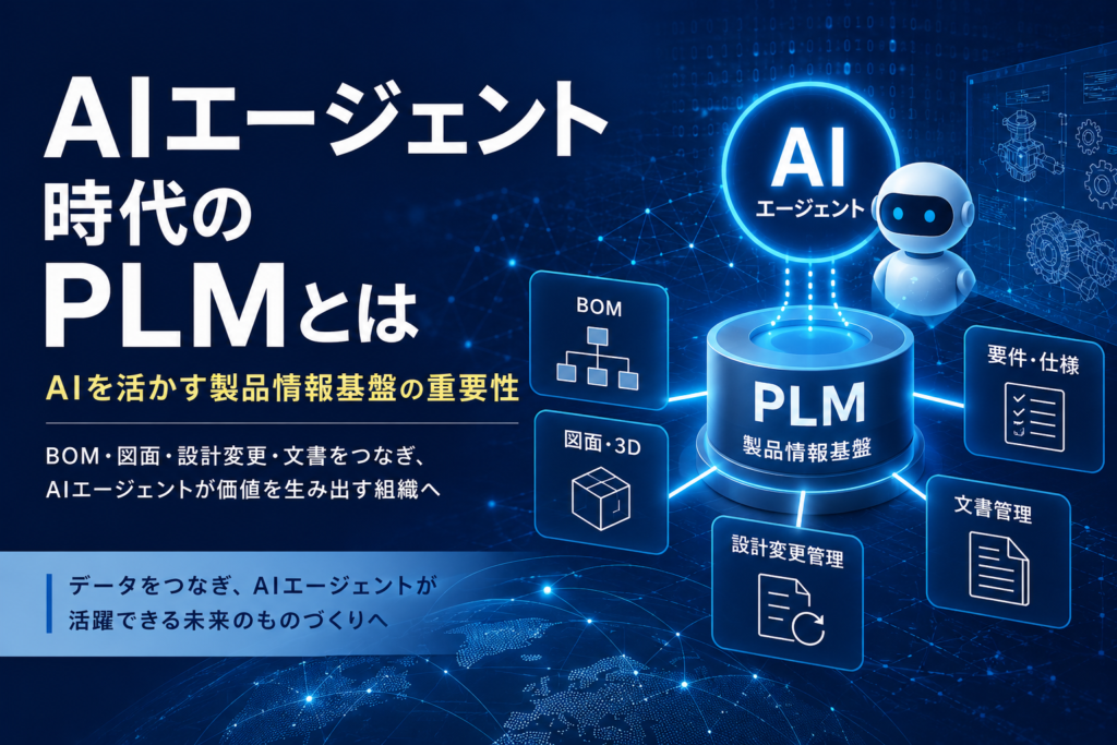 AIエージェント時代のPLMを表現したイメージ。BOM、図面、設計変更、文書管理などの製品情報基盤とAIエージェントの関係を示す概念図。