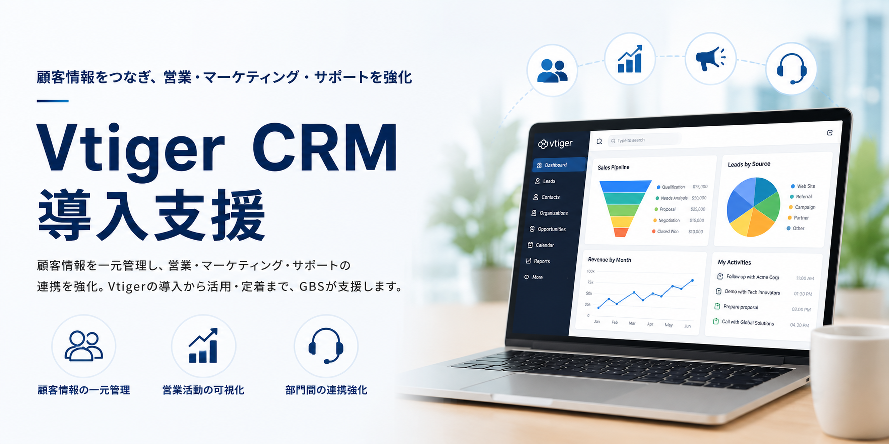 Vtiger CRM導入支援の概要と、顧客情報の一元管理・営業活動の可視化・部門間連携を紹介するイメージ